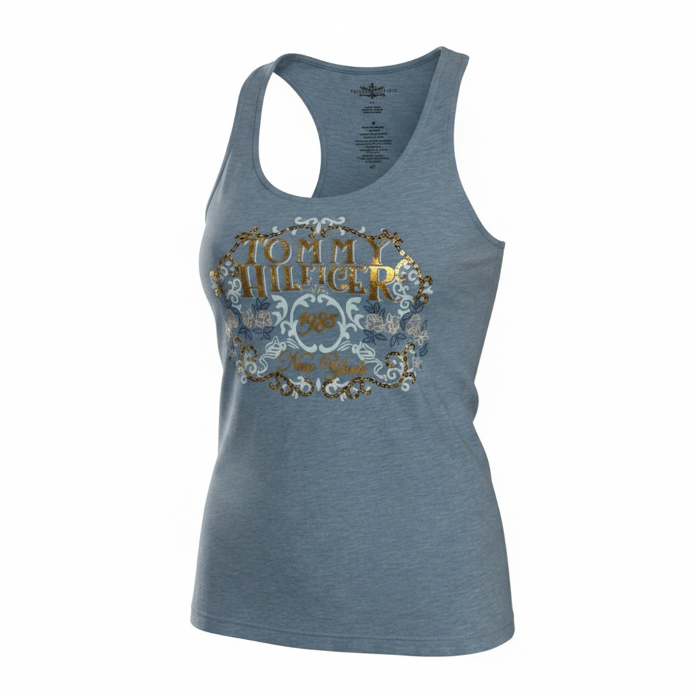 Tommy Hilfiger Women's Blue Heather Sequin & Foil Graphic Racerback Tank Top Siz